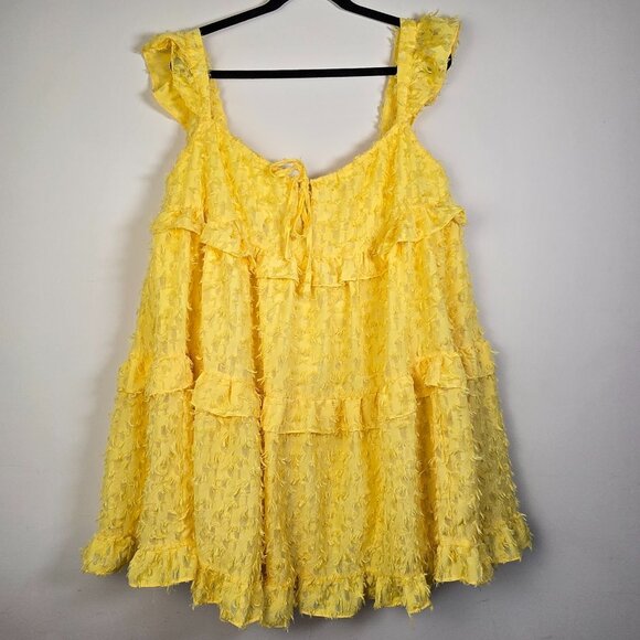 Tie Front Ruffle Hem Smock Dress Large Size 8/10 Yellow Eyelash Texture Fringe - Picture 2 of 9